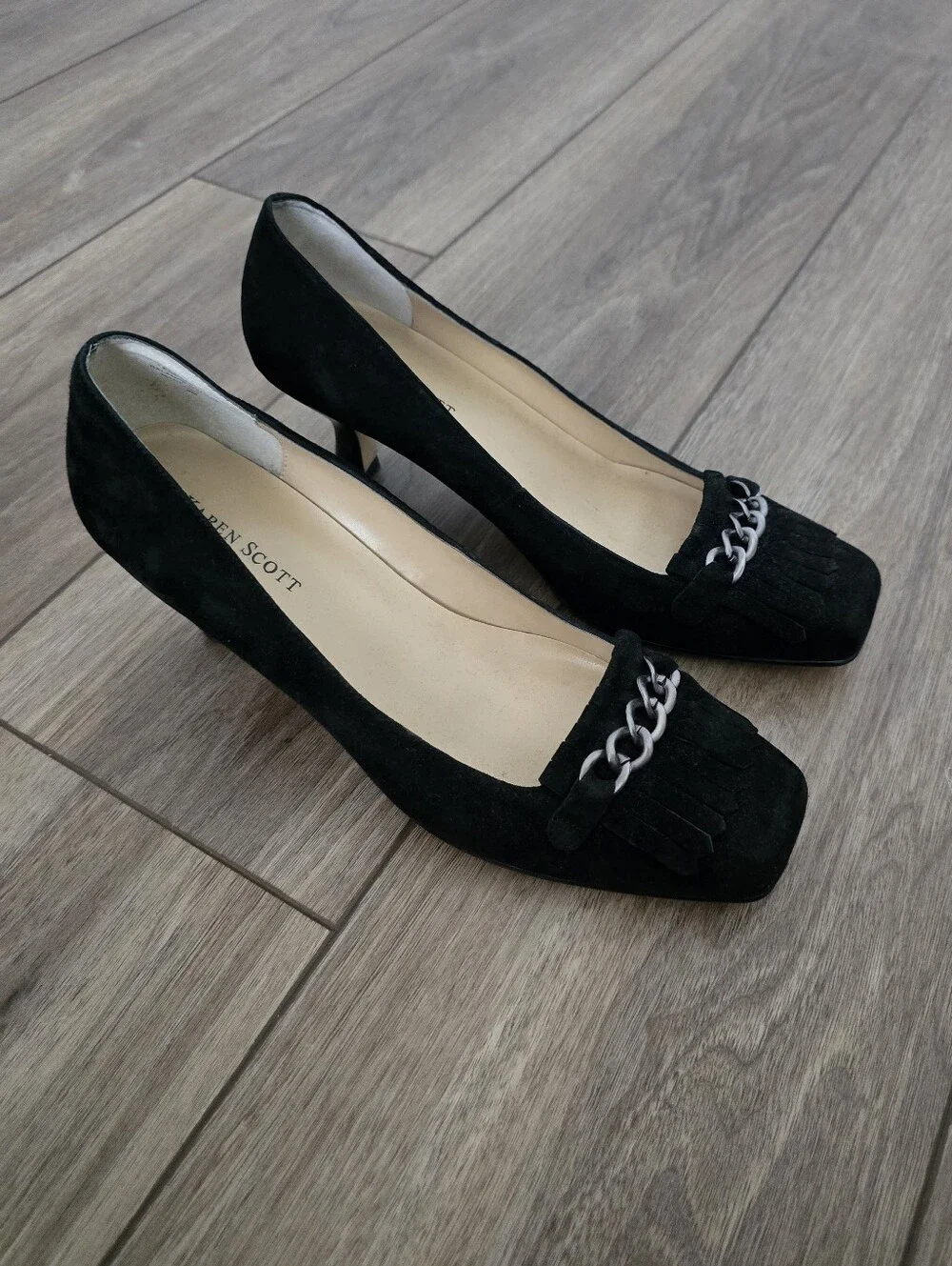 Karen Scott Black Suede Loafers with Silver Chain Accent